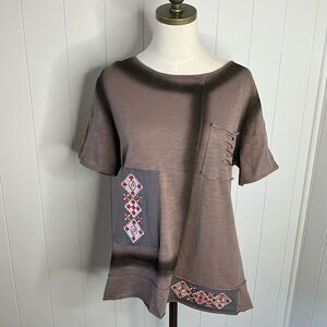 Misslook Womens Size XL Pullover Top Brown Black Mixed Media Short Sleeve